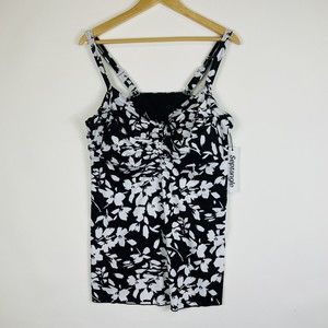 Septangle Black White Floral Ruched Front Swimsuit Swim Top Womens Sz 24 NEW NWT